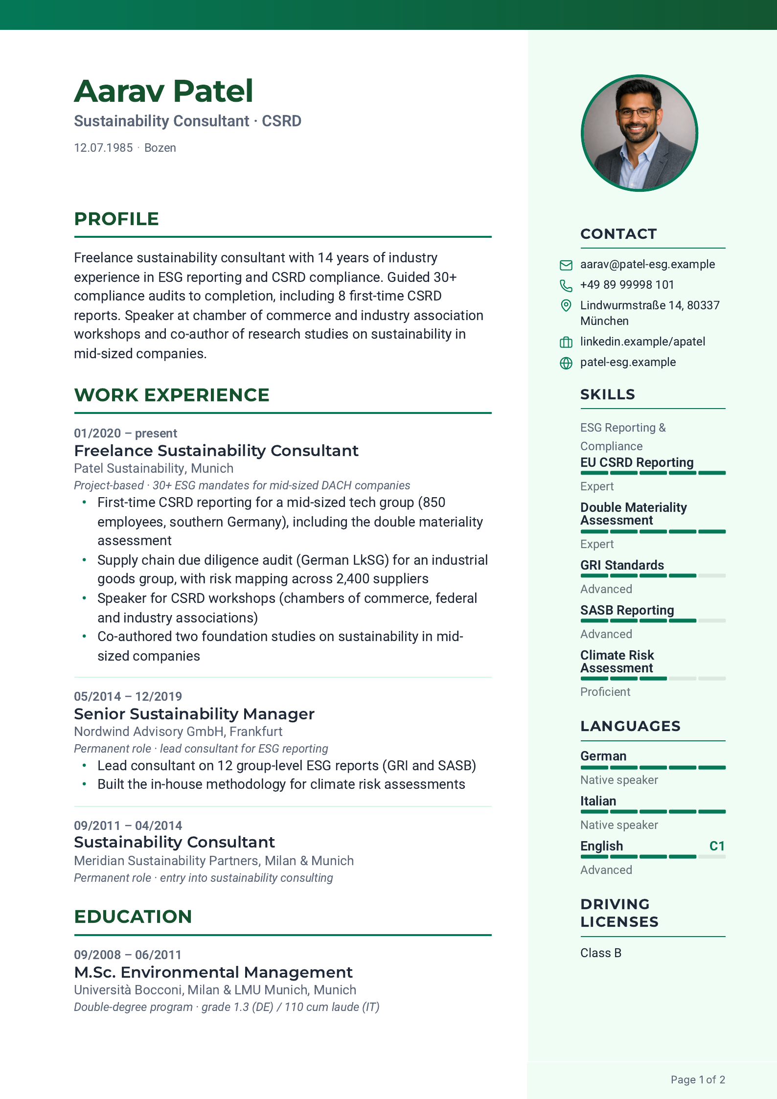 CV in the “Calm” layout
