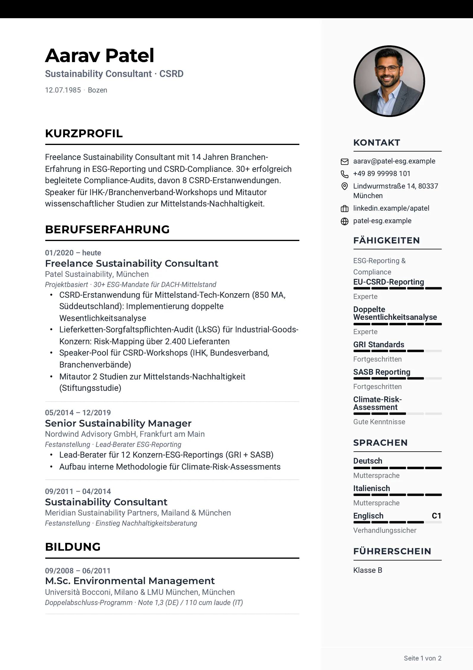 Lebenslauf-Vorschau im Layout-Editor: Lebenslauf von Aarav Patel (Sustainability Consultant) im Layout „Schlicht“, mit Kurzprofil, Berufserfahrung und Bildung, rechts in der Seitenleiste Kontakt, Fähigkeiten, Sprachen und Führerschein.