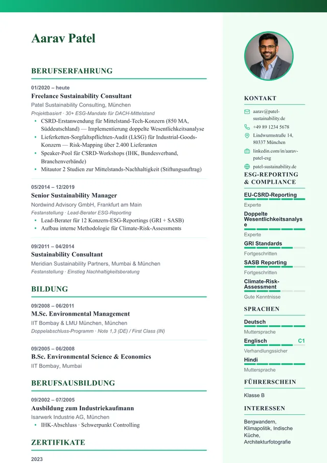 Ausschnitt eines Lebenslaufs im Template „Akzent-Leiste Grün“: grüne Akzent-Leiste am oberen Rand, Name, Foto und der Beginn der Berufserfahrung