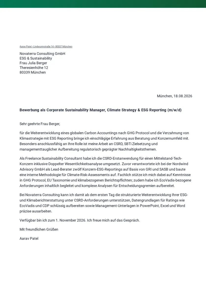 Example of a German cover letter following DIN 5008, rendered with JACVault: sender and recipient blocks, right-aligned date, bold subject line, salutation, body paragraphs and the sign-off with a name line