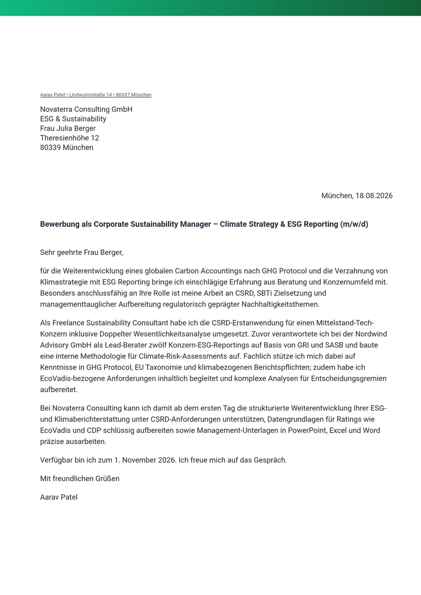 Example of a German cover letter following DIN 5008, rendered with JACVault: sender and recipient blocks, right-aligned date, bold subject line, salutation, body paragraphs and the sign-off with a name line