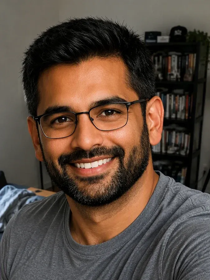 The same person as a phone selfie in a T-shirt, a private living space with a shelf and a bed behind them, camera held at an angle