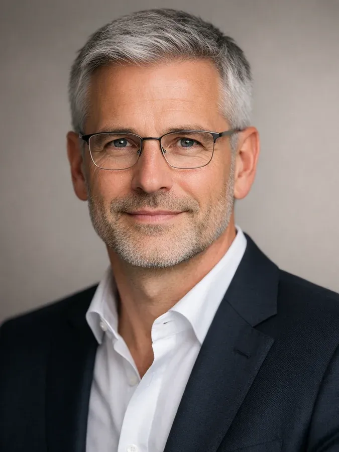 Porträt derselben Demo-Person vor einem neutralen grauen Hintergrund, Sakko über einem hellen Hemd, gleichmäßiges Studiolicht, Blick in die Kamera