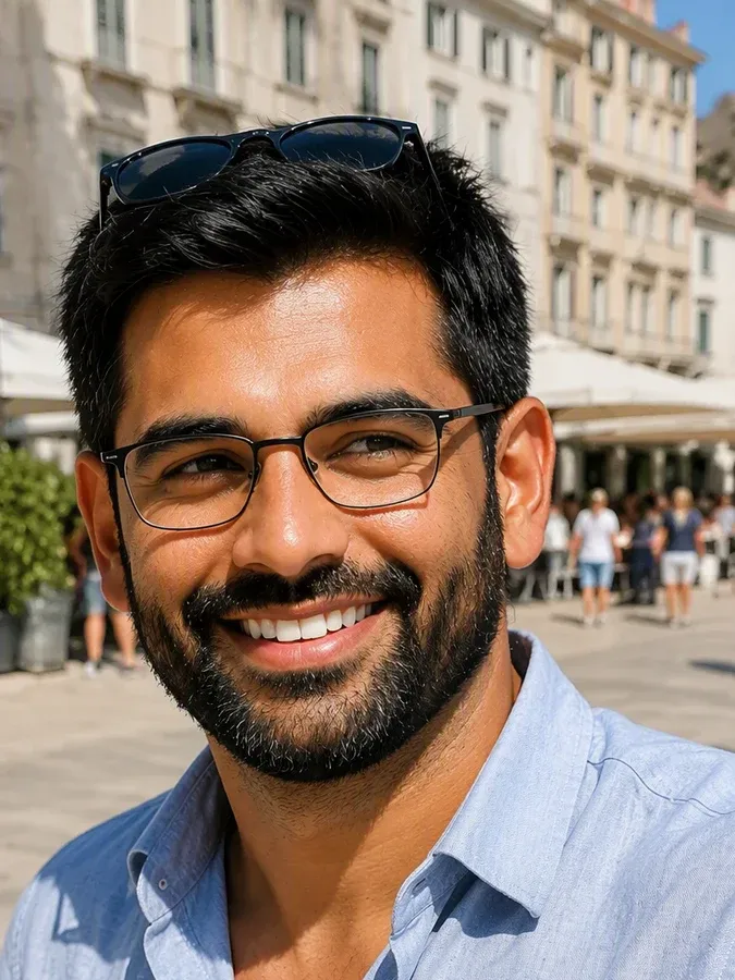 The same person on holiday: sunglasses pushed up on the head, open shirt, a city square with passers-by in the background