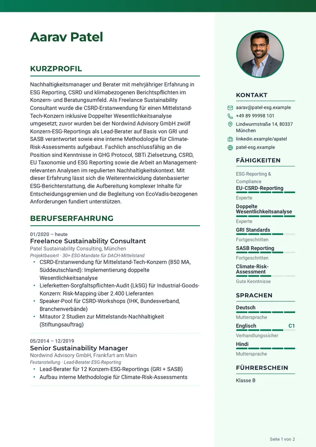 Ausschnitt eines Lebenslaufs im Layout „Ruhig“: grüne Akzent-Leiste am oberen Rand, Name, Foto, Kurzprofil und der Beginn der Berufserfahrung