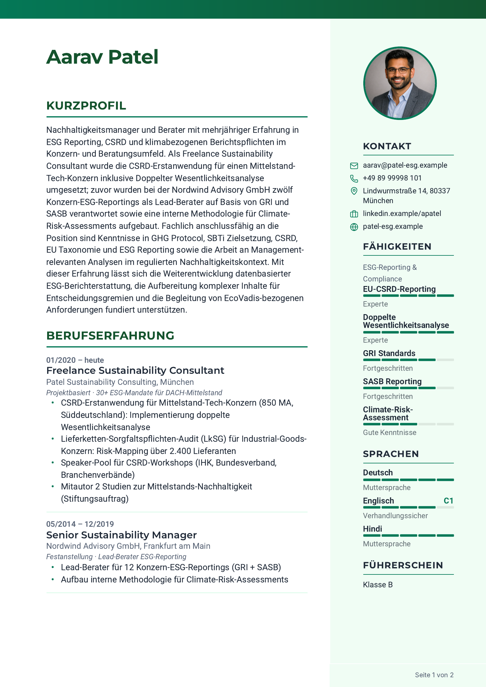 Lebenslauf von Aarav Patel, von JACVault für eine Stelle als Sustainability Manager erstellt