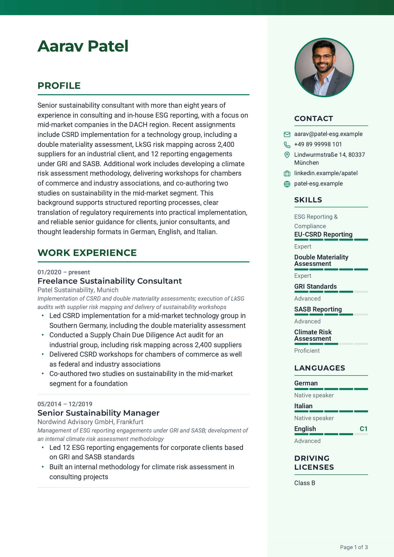 CV of Aarav Patel, created by JACVault for a role as Senior ESG Consultant
