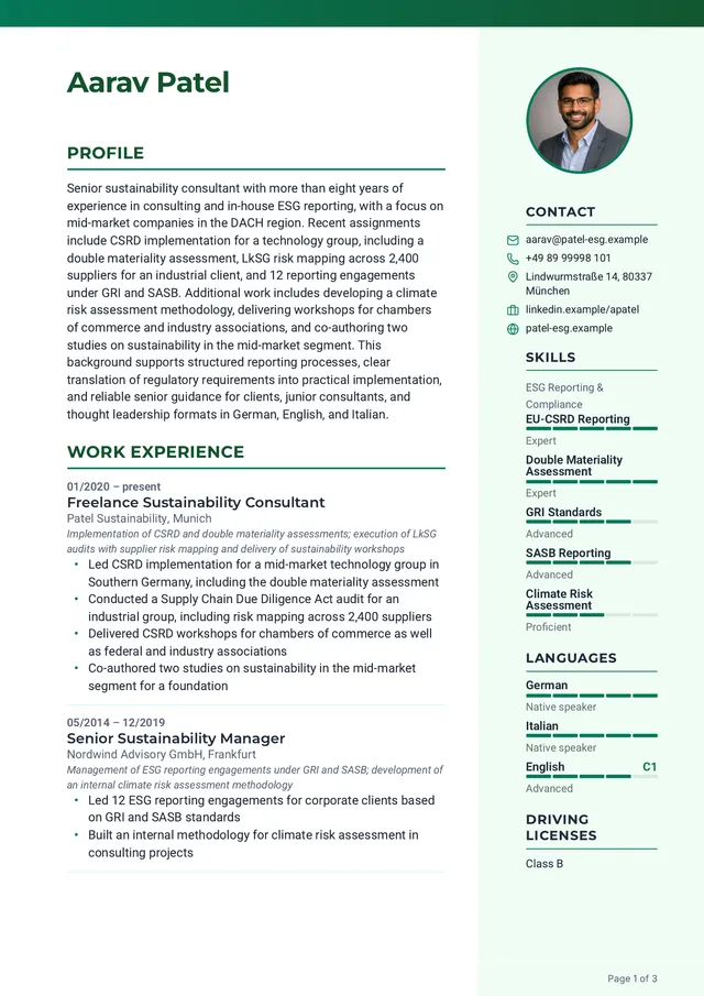 Detail of a CV in the “Calm” layout: green accent bar along the top edge, name, photo, short profile and the start of the work experience