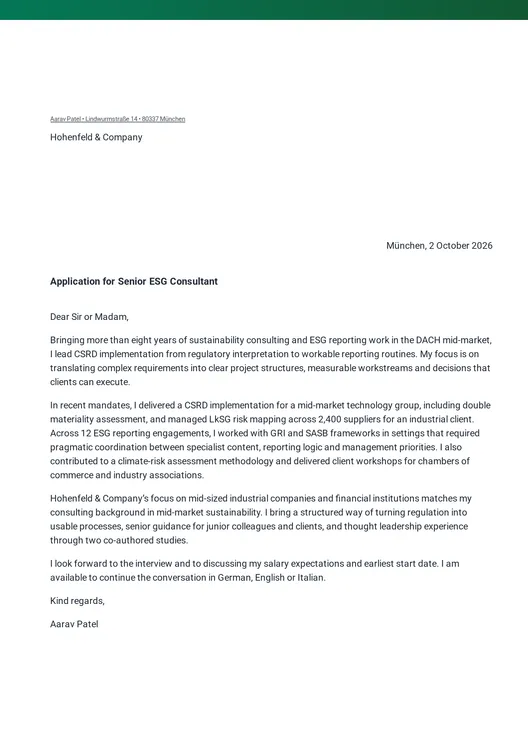 Individual cover letter in the same layout, set to DIN 5008, identical green accent bar