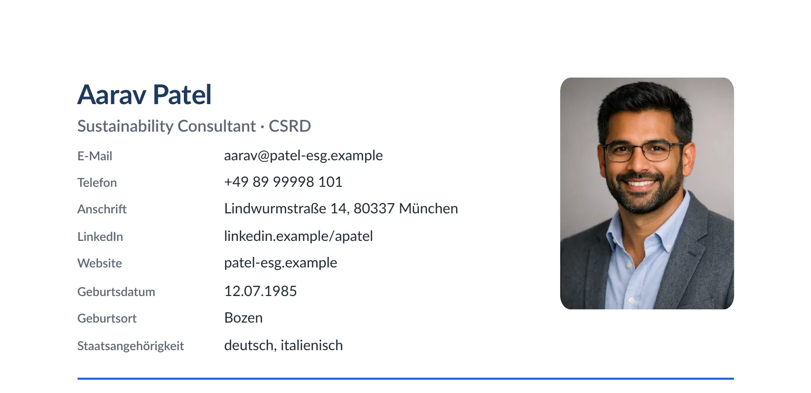 Header of a CV rendered with JACVault: name and job title on the left, personal details below them in two columns, the portrait photo top-right
