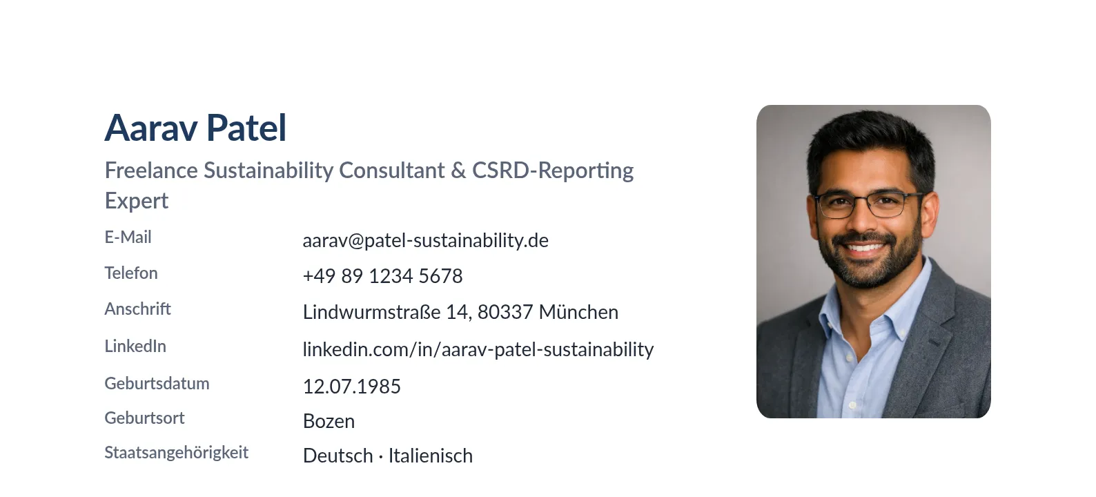 Header of a CV rendered with JACVault: name and job title on the left, personal details below them in two columns, the portrait photo top-right