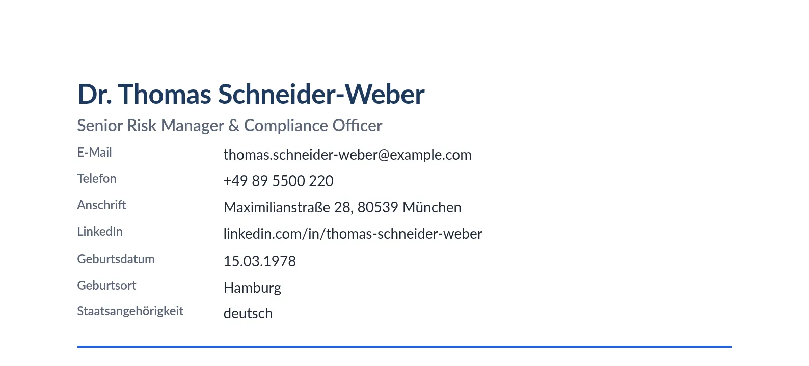 Derselbe Kopfbereich ohne Foto: Name, Berufsbezeichnung und persönliche Daten stehen an derselben Stelle, rechts daneben bleibt kein leerer Rahmen und kein reservierter Platz