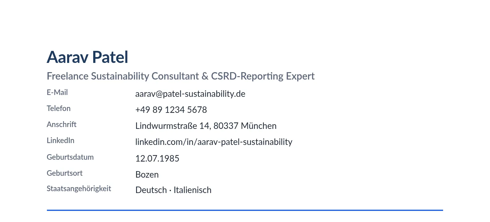 The same header without a photo: name, job title and personal details sit in the same place, and no empty frame or reserved space is left on the right