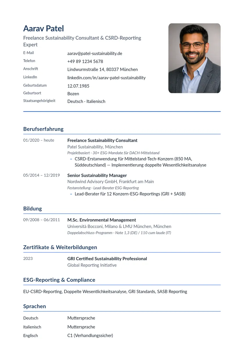 Example of a German tabular CV rendered with JACVault: personal-data block with photo at the top, then work experience, education, certificates, and skills and languages with named levels