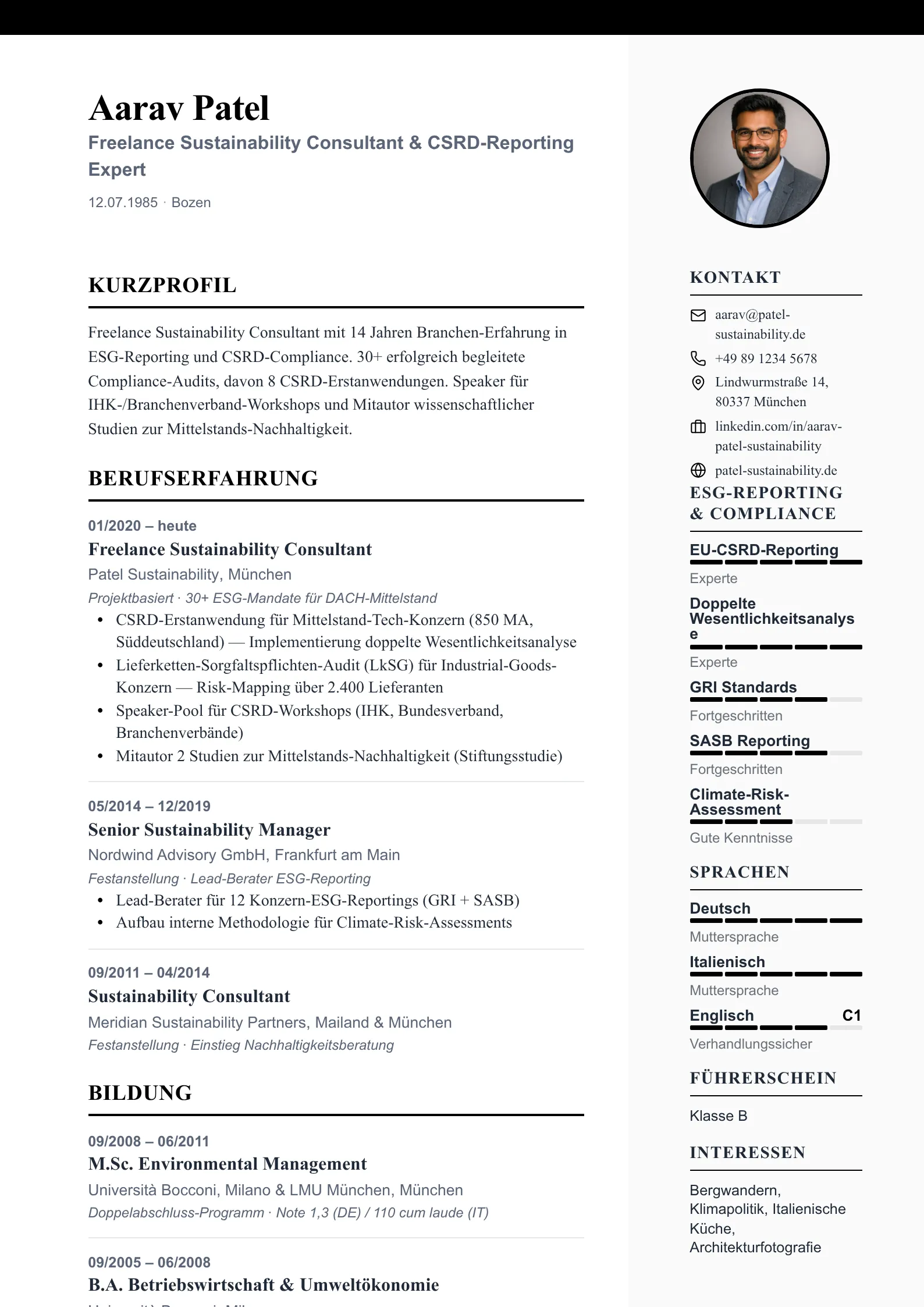 Vorschau der Lebenslauf-Vorlage Profil-Sidebar — Sidebar · Foto · Skills