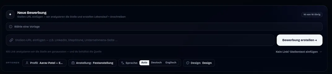 Neue-Bewerbung-Panel: Stellen-URL einfügen mit Optionen für Profil, Anstellung, Sprache und Design