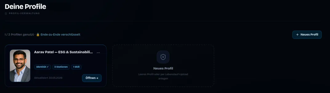 Profil-Verwaltung: Profil-Karte mit Identität, Stationen und Skills