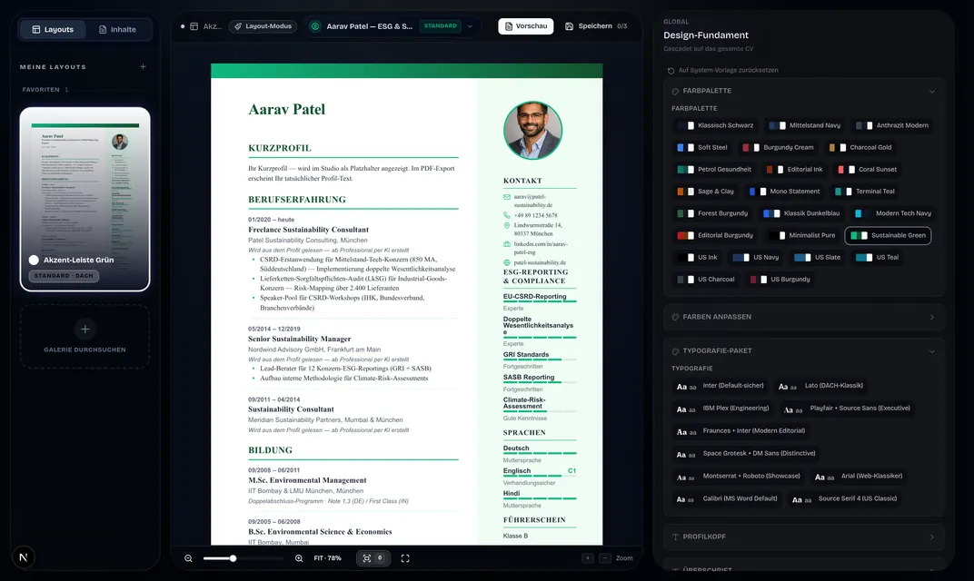 CV-Studio: A4-Live-Seite mit grüner Akzentleiste, links die Layout-Galerie, rechts Farbpaletten- und Typografie-Regler