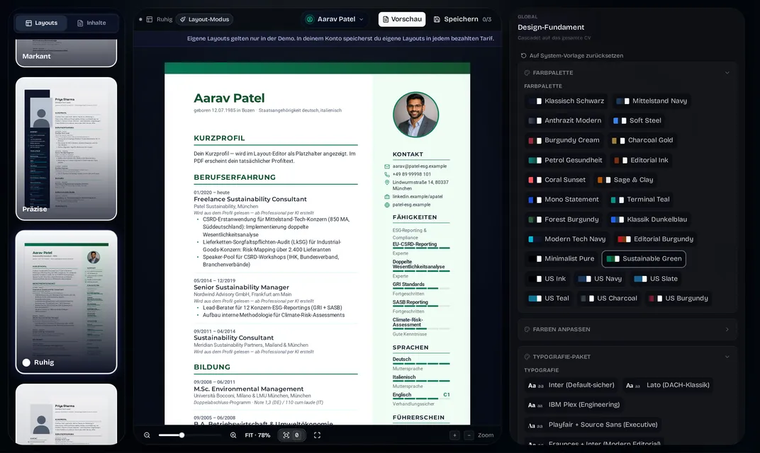 Layout-Editor: A4-Live-Seite mit grüner Akzentleiste, links die Layout-Galerie, rechts Farbpaletten- und Typografie-Regler