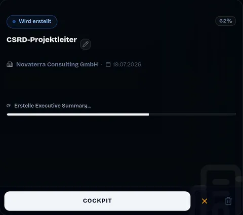 Bewerbungs-Karte im Zustand „Wird erstellt“, 62 %, aktueller Schritt „Erstelle Executive Summary“, mit Cockpit-Button
