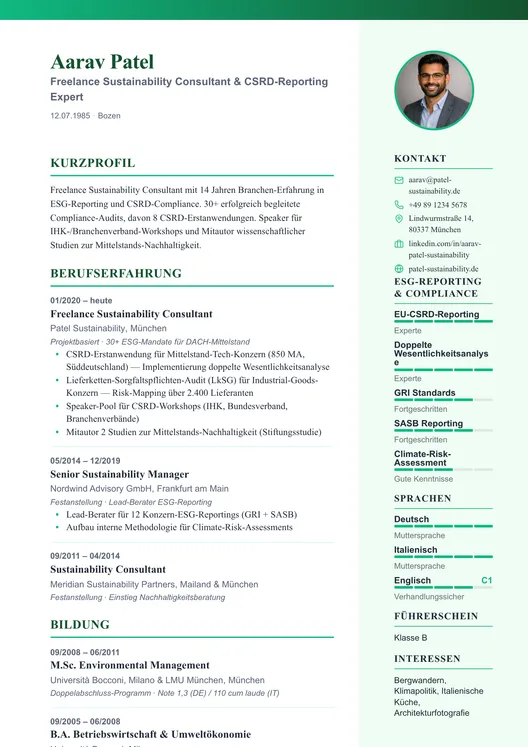 Optimierter Lebenslauf mit Kurzprofil am Kopf und grüner Akzentleiste