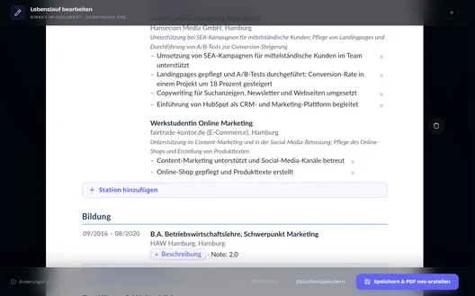 Lebenslauf-Editor: Dokument direkt im Editor bearbeiten, mit „Speichern & PDF neu erstellen“