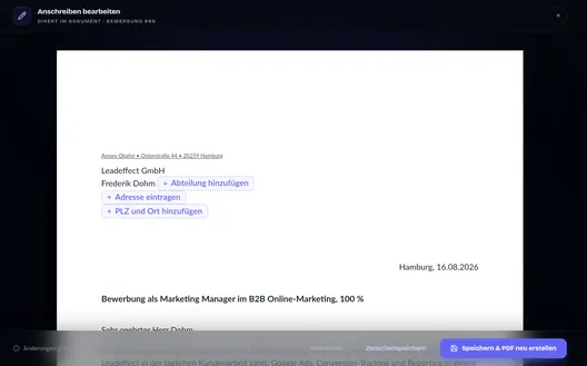 Anschreiben-Editor: DIN-5008-Brief direkt im Dokument bearbeiten