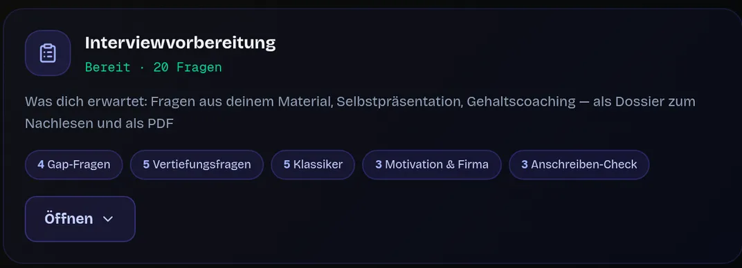 Interviewvorbereitung-Karte: „Bereit · 20 Fragen“ mit Aufschlüsselung in Gap-, Vertiefungs- und Klassiker-Fragen