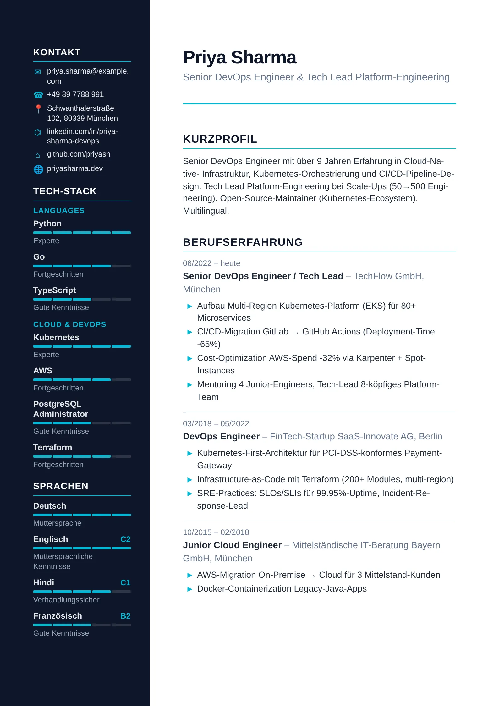 Vorschau der Lebenslauf-Vorlage Tech Sidebar — Sidebar Links · Tech-Stack