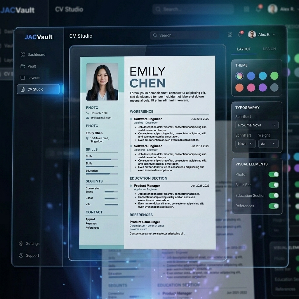 JACVault CV Studio — Professioneller Lebenslauf-Editor mit 3-Panel-Layout